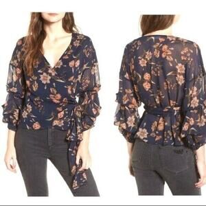 Astr Floral Wrap Ruffle Sleeve Navy Blouse XS
